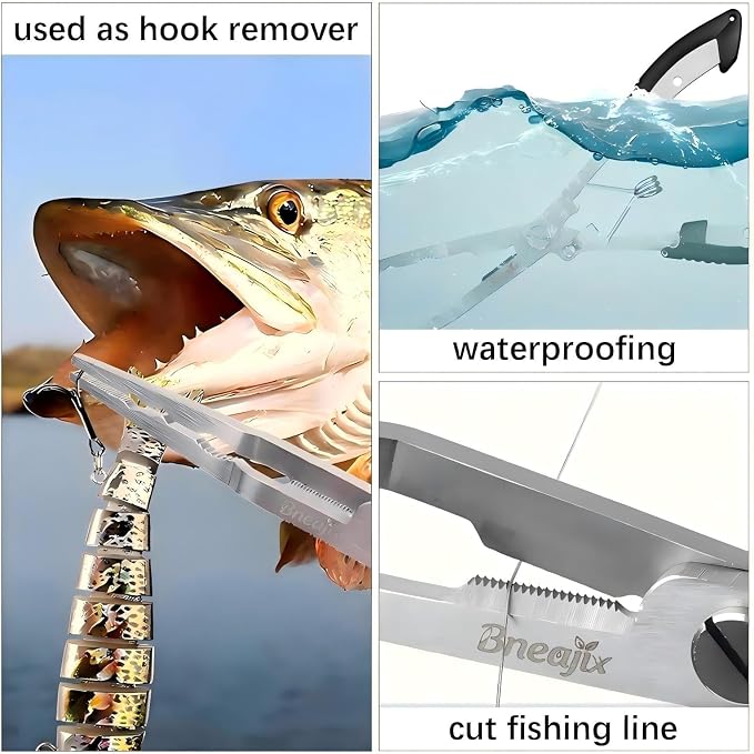 Professional 8.4 Inch Fishing Pliers with Safety Lock, Multi-Function Long Nose Hook Remover, Line Cutter, Crimper, Rustproof Stainless Steel Fishing Tool for Saltwater & Freshwater