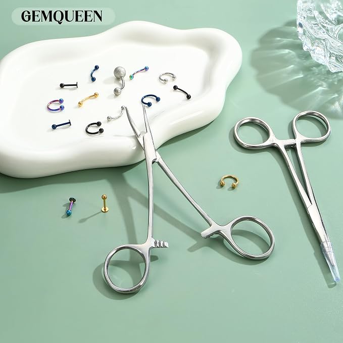 GEMQUEEN Piercing Curved and Straight Forceps for Changing Jewelry - 316L Surgical Stainless Steel Pliers Tool Set Locking Tweezers Clamps for Removal Earrings Lip Nose Rings 2 PCS