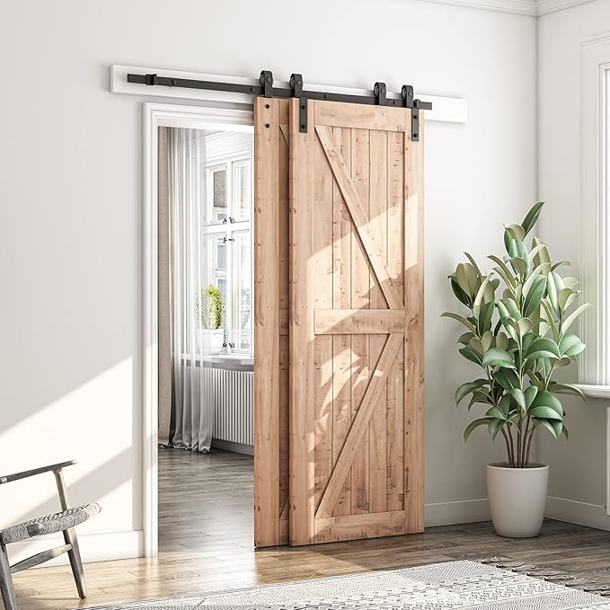 SMARTSTANDARD 5.5 Feet Bypass Sliding Barn Door Hardware Kit - for Double Wooden Doors-Single Track - Smoothly & Quietly - Easy to Install-Fit 54" Opening