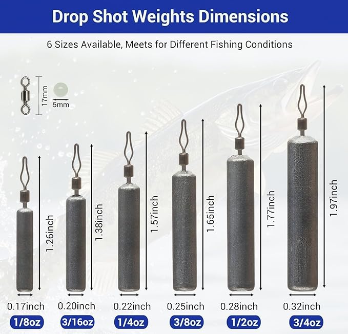 48Pcs Drop Shot Weights Set, Slim Pencil Style Lead Fishing Weights Sinkers Kit for Dropshot Rigging 6 Sizes Assorted with Barrel Swivel and Rig Beads