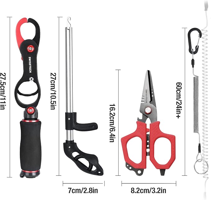 Swiss+Tech Fishing Tool Kit, Fish Gripper with Scale, Muti-Function Fishing Pliers, Braided Line Scissors, Fishing Gear with Safety Coiled Lanyard, Fishing Gifts for Anglers…