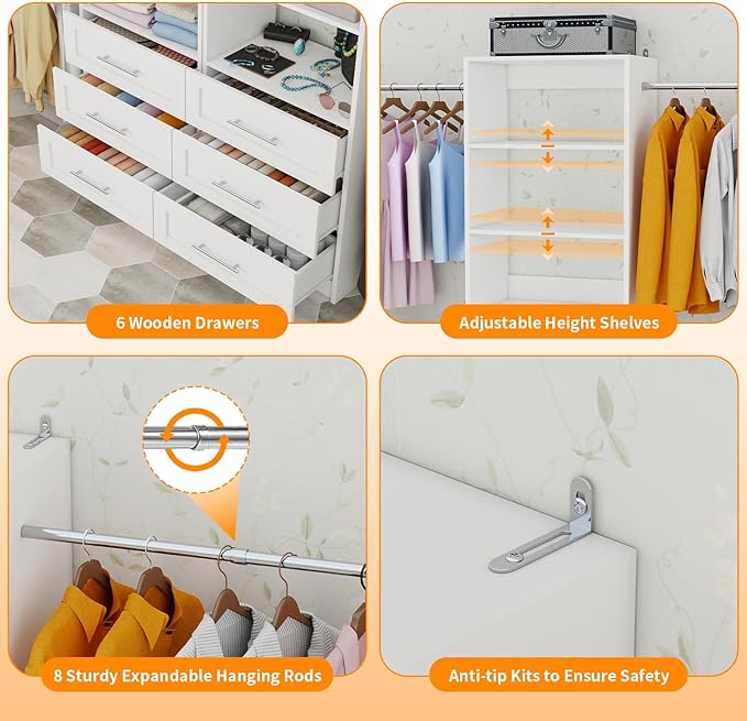 Closet System with 6 Drawers, 6FT-15FT Large Walk in Closet Organizer System with 8 Expandable Hanging Rods, Heavy Duty Wood Closet Storage System with 8 Shelves for Bedroom,White
