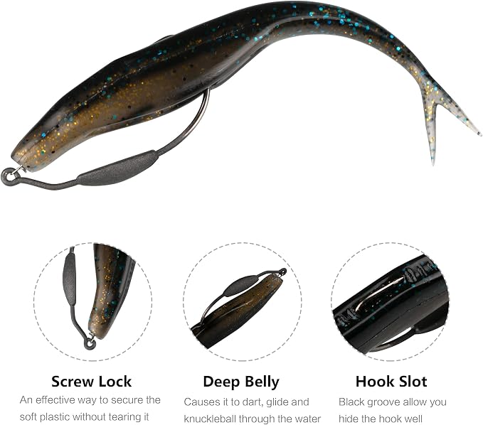Fishing Bait Soft Plastic Lures 30/50 Pcs, Weighted Hooks 10 Pack & 40-Piece Set, 4in/5in Salty Split Tail Jerk Shad, 3/0 4/0 5/0 Weedless Swimbait Hook for Bass Fishing