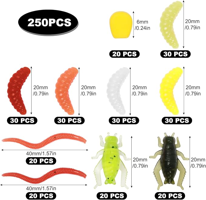 Realure 250 Pcs/4 Types Fishing Soft Plastic Worms Set Artificial Bread Worm & Earthworm & Cricket & Corn Baits Silicone Soft Maggot Simulation Bait Worm for Freshwater & Saltwater Sea Fishing