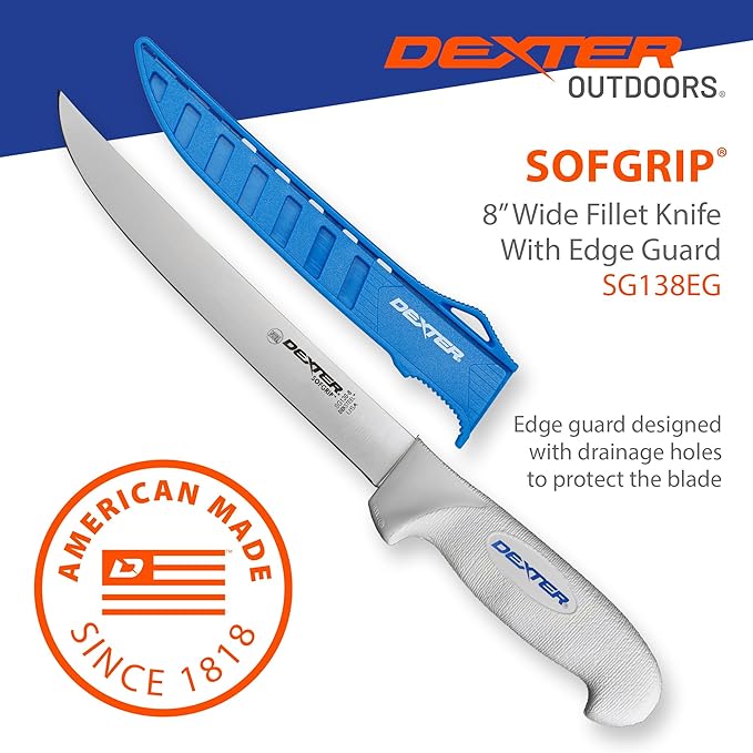 Dexter Outdoors 8" SOFGRIP Wide Fillet Knife | Includes Edge Guard | High-Carbon American Stainless Steel Blade | Resists Corrosion | Comfortable, Slip-Resistant Handle | Made in USA