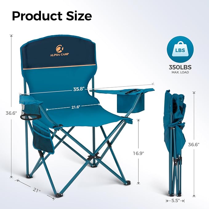 ALPHA CAMP 2-Pack Camping Chair with Cooler Bag, Heavy Duty 250lbs Capacity Folding Chair with Lumbar Support & Side Pocket, Portable Quad Chairs for Beach Fishing Tailgating & Sideline Sport