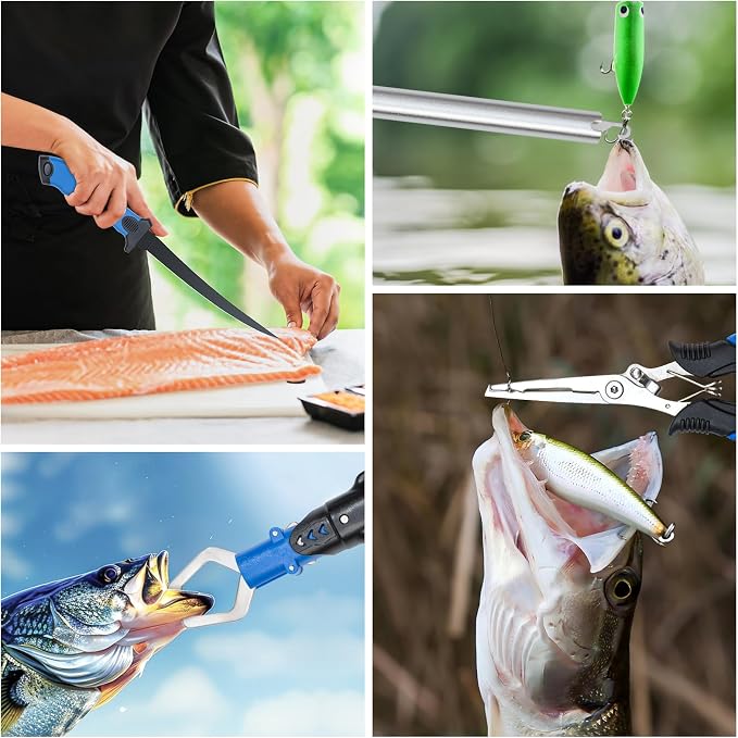 Fishing Tool Kit, 12 Pieces Fishing Gear, Fishing Pliers with Lanyard, Fillet Knife, Fish Lip Gripper, Fly Ice Fishing Hook Knotter, Anti-Cutting Gloves