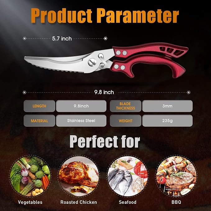 Dream Reach Poultry Shears, Red Heavy Duty Kitchen Shears with Serrated Edge, No Rust Spring Loaded, Multipurpose Stainless Steel Kitchen Scissors for Chicken Meat, Turkey, Fish, Gifts for Men Women