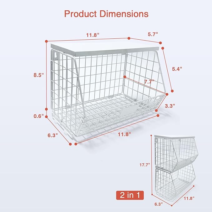 Wall Mount Bathroom Storage Basket, Fruit Produce and Vegetable Baskets for Kitchen Counter, Hanging Wire Storage Basket for Laundry Room Bedroom Closet Pantry Boys Girls Room (White)