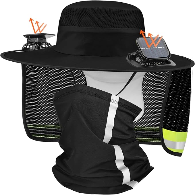 Solar Hat with Fans, Wide Brim Cooling Sun Hat with Removable Dual Fans USB Charging Neck Cover for Outdoor Fishing