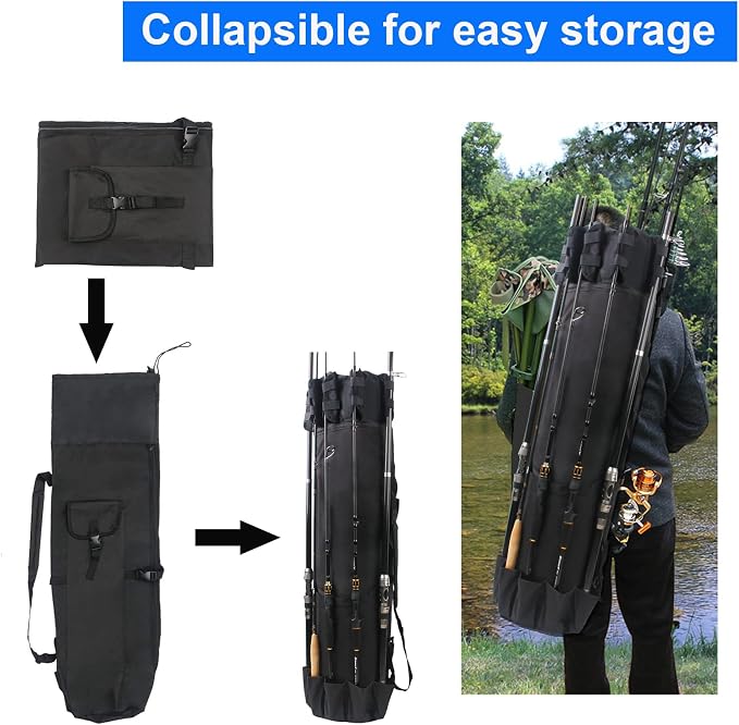 Fishing Rod Carrier Pole Bag Rod Case Large Storage Reel Bag Travel Carrier Organizer Holds 5 Reels Waterproof Fishing Gear Equipment Tackle Gifts for Men (Black)