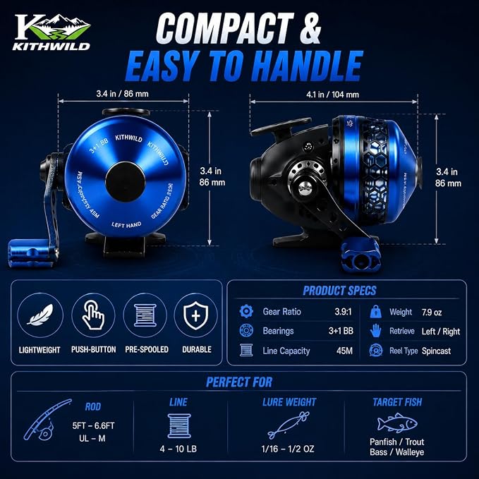 Spincast Fishing Reel, 3.9:1 Gear Ratio, Pre-Spooled, Left/Right Hand Reversible, Aluminum, Black, for Freshwater Trout, Catfish and Bass
