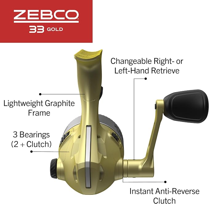 Zebco 33 Gold Spincast Fishing Reel, Changeable Right or Left-Hand Retrieve, All-Metal Gears, Pre-Spooled with Zebco Cajun Fishing Line