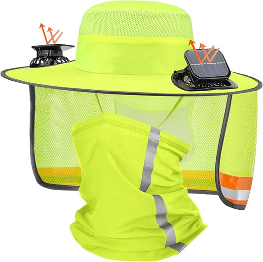 Solar Hat with Fans, Wide Brim Cooling Sun Hat with Removable Dual Fans USB Charging Neck Cover for Outdoor Fishing