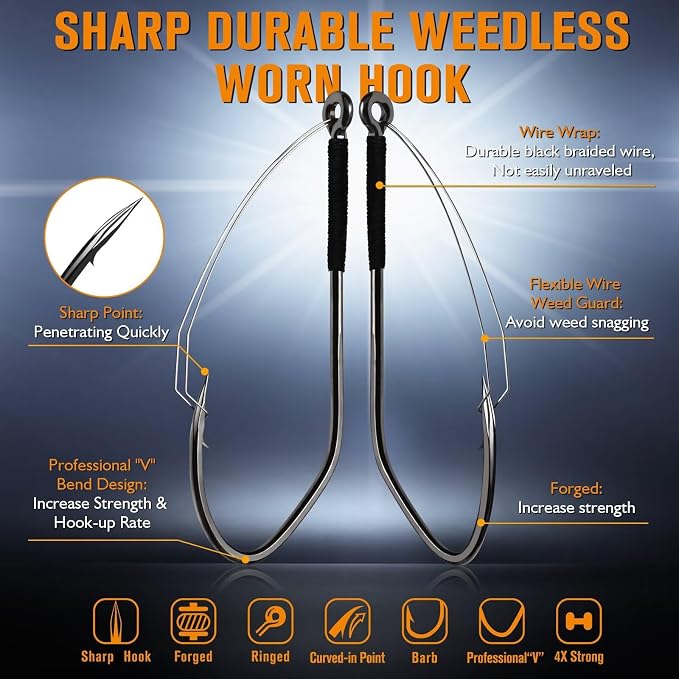 Dovesun Weedless Worm Hooks Wacky Rig Hooks Texas Rig Hooks 30PCS Professional V Bass Fishing Hooks for Freshwater Saltwater 1/0 2/0 3/0