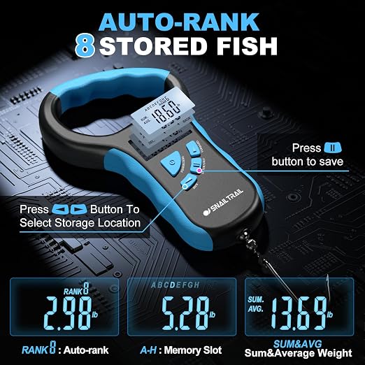 SNAIL TRAIL 8 Storage Bins Digital Fishing Scale & 4.6'' Lip Gripper, Backlit LCD Display, Multi-Mode(LB, OZ/LB & KG), Ergonomic Handle, 50 lbs Tournament Bass Fish Weigher for Anglers