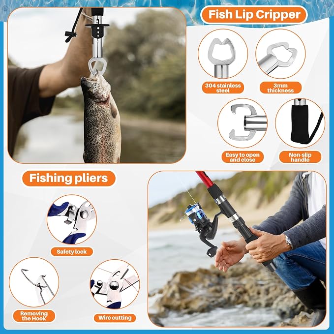 MiniInflat Telescopic Fishing Rod and Reel Combo, 6.89ft 2pcs Collapsible Rod with Plier Lip Gripper Lures Carrier Bag Pre-Loaded Spinning Reel Saltwater Freshwater Fishing Pole Kit