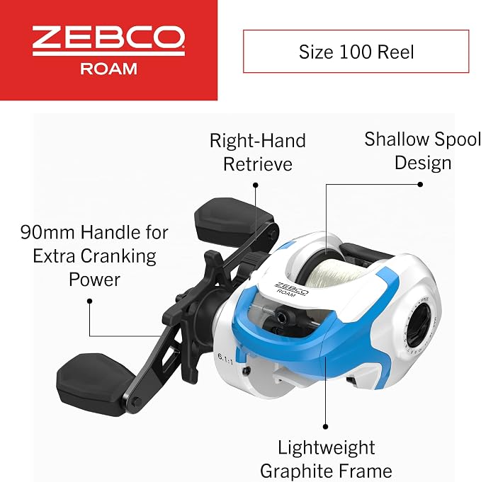 Zebco Roam Baitcast Reel and Fishing Rod Combo, 6-Foot 6-Inch 2-Piece Fiberglass Fishing Pole with Split-Grip MaxTac Rod Handle, Lightweight Graphite Frame, Right-Hand Retrieve