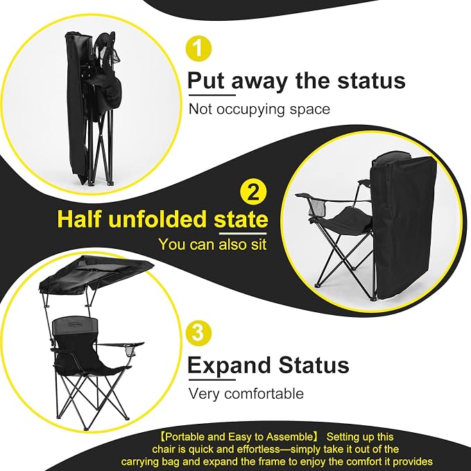 YOUNG WOOD Camping Chair with Canopy, Beach Chair with Shade,Portable,Lightweight Oversized for All, Easy to Open and Close Without Installation, Side Pocket Design for All Outdoor Activities，Black