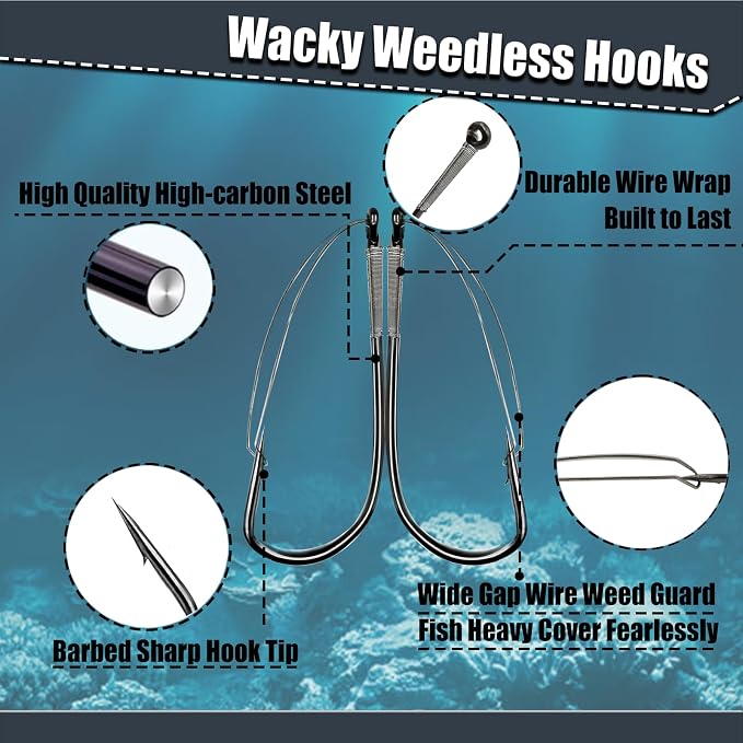 9KM DWLIFE Weedless Wacky Rig Hooks 30PCS Bass Hooks Super Strong Wacky Worm with Wire Guard for Neko Rig