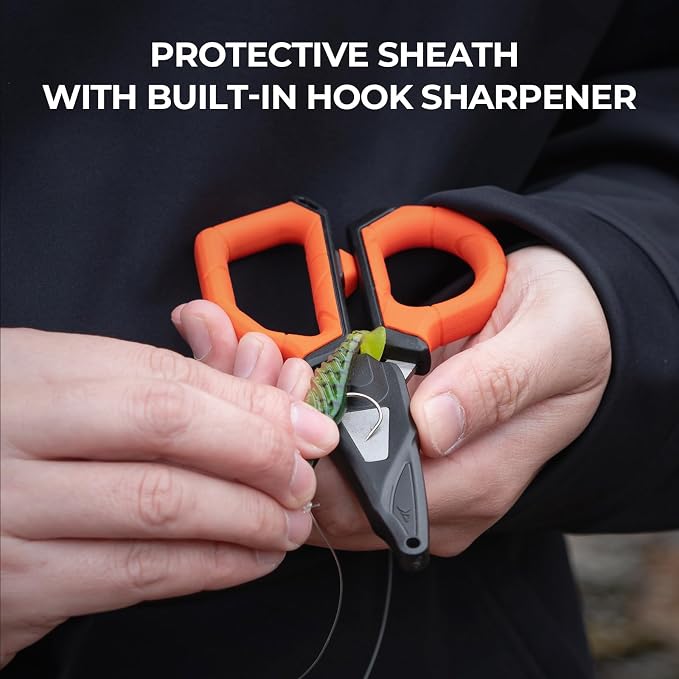 KastKing Paradox 6-inch Fishing Scissors for Braided Fishing Line, Fishing Line Cutters With Stainless Steel Blades and Non-Slip Rubber Handle, Protective Sheath With Built-in Hook Sharpener