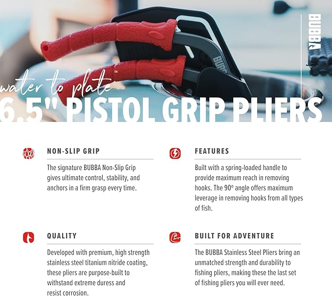 BUBBA Pistol Grip Stainless Steel Pliers, Spring Loaded with Crimping Tool and Anvil Cutter, Lanyard Hold and Sheath