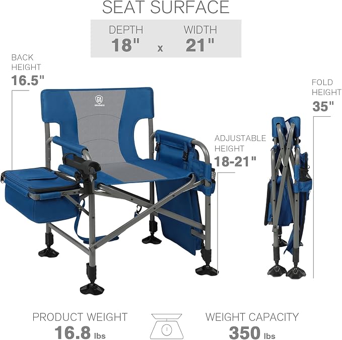 EVER ADVANCED Fishing Chair with Rod Holder and Cooler, All Terrain Ice Fishing Chair with Adjustable Feet, Mesh Back Folding Camping Chair with Shoulder Strap, Heavy Duty Supports 350LBS