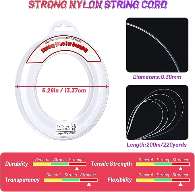 Clear Fishing Wire, Acejoz 656FT Fishing Line Clear Invisible Hanging Wire Strong Nylon String Supports 40 Pounds for Balloon Garland Hanging Decorations