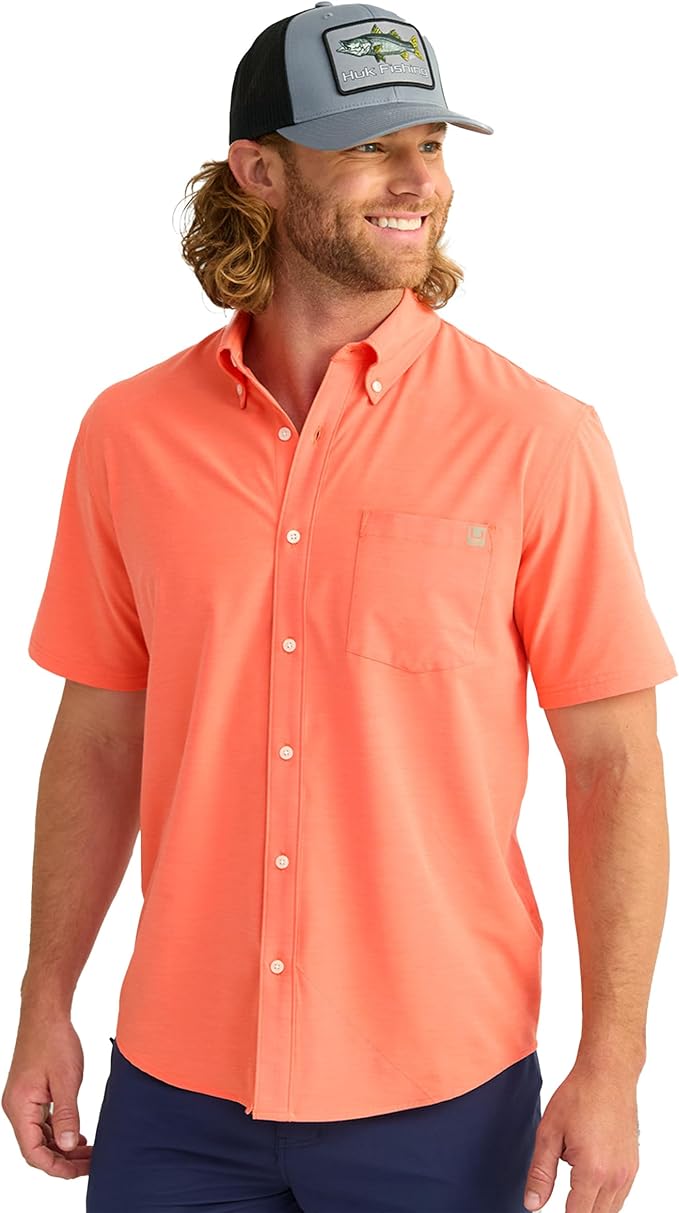 HUK Mens Kona Solid Short Sleeve Fishing Button Down Shirt for Men, Fresh Salmon, 3X-Large