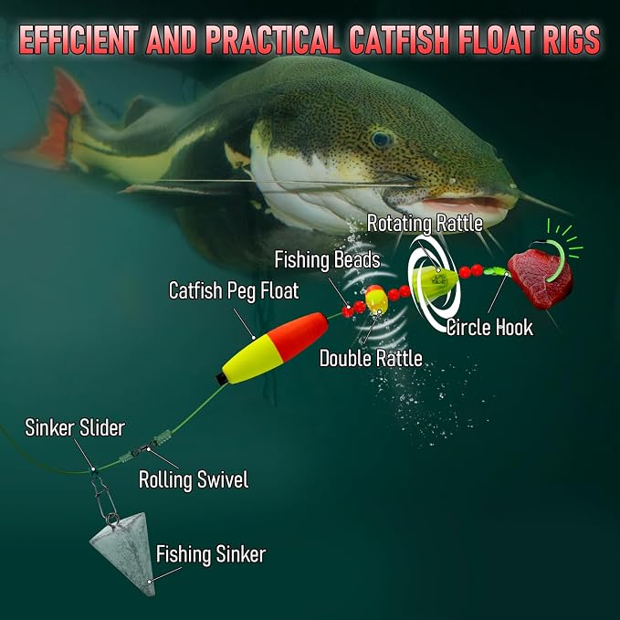Alwonder 5-Pack Catfish Bait Float Rigs Kit, Ready Cat Fish Rig with Catfish Rattles Peg Floats Beads Circle Hooks 6/0 8/0 10/0, Catfishing Tackle Equipment Rattle Floater Bobbers Cat Fishing Gear