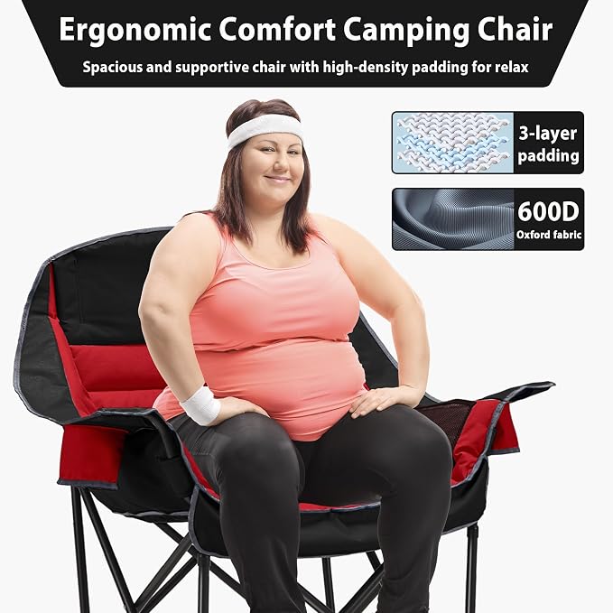 Youtanic Oversized Extra Large Padded Camping Chair, up to 400lbs, Folding Camping Chairs with Side Pocket, Carry Bag, Heavy Duty Outdoor Camp Chairs for Adults, Fishing, Sports, Trip, Red-Black