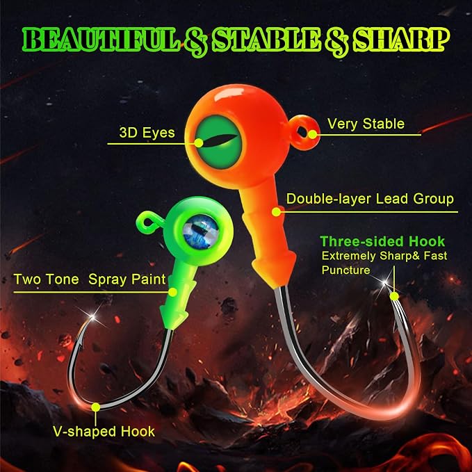 Crappie Jig Heads Painted Jigheads with 3D Eye Ball, 1/8oz to 3/8oz (20-40Pcs) - Sharp V-Shaped Hooks for Walleye, Bass & Panfish Fishing