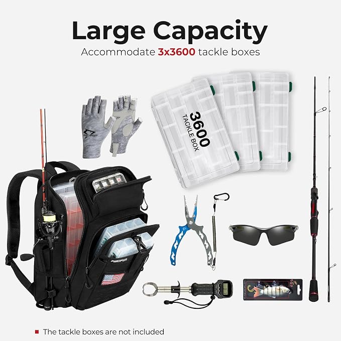 Piscifun Fishing Tackle Backpack with Rod & Gear Holder, Lightweight Fishing Tackle Storage Bag with Protective Rain Cover