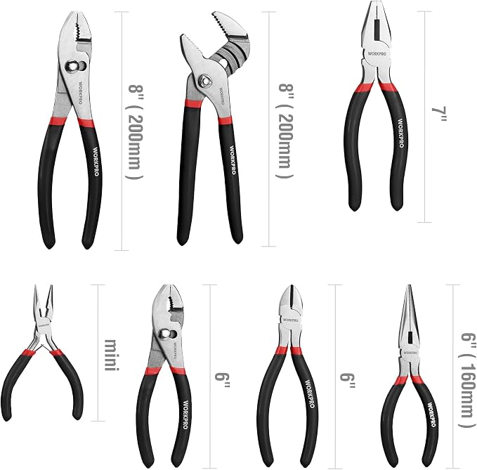 WORKPRO 7-piece Pliers Set with Groove Joint, Long Nose, Slip Joint, Linesman, and Diagonal Pliers for DIY & Home Use, Black
