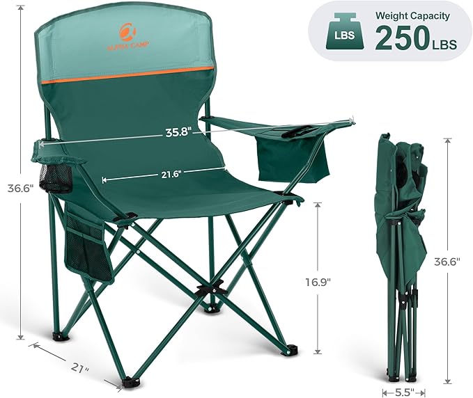 LET'S CAMP Camping Chair 2 Pack Folding Chair with 4-Can Cooler Bag Portable Lawn Chair with Cup Holder,Storage Pocket, Supports 250LBS, Collapsible Chair for Camp, Beach, Picnic (Green)