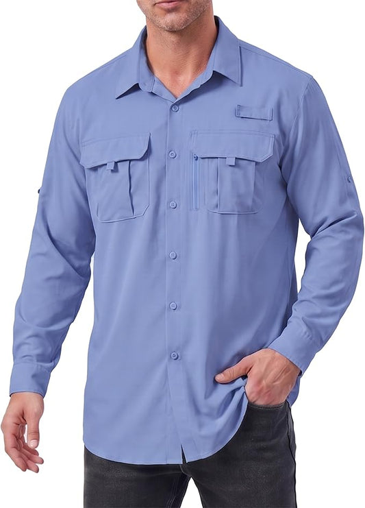 Men's Long Sleeve Fishing Shirts UPF 50+ Sun Protection Quick Dry Shirts Button Down Shirt for Hiking Camping