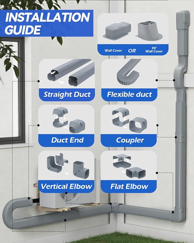 3" 17 Mini Split Line Cover Set: PVC Decorative Pipe Line Hide Cover Kit for Ductless Mini Split Air Conditioner, Central AC and Heat Pumps, Gray