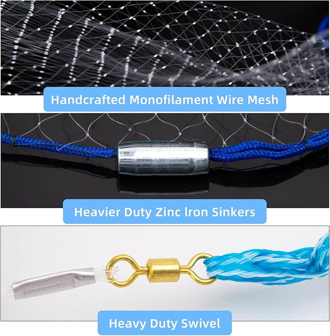 Handmade American Cast Net, BalanZze Casting Fishing Net for Bait Trap Fish, Throw Nets with Zinc Sinker Weights for Freshwater & Salt Water (3/4/5/6/8/9/10 Ft, 1/2 Inch Mesh Size)