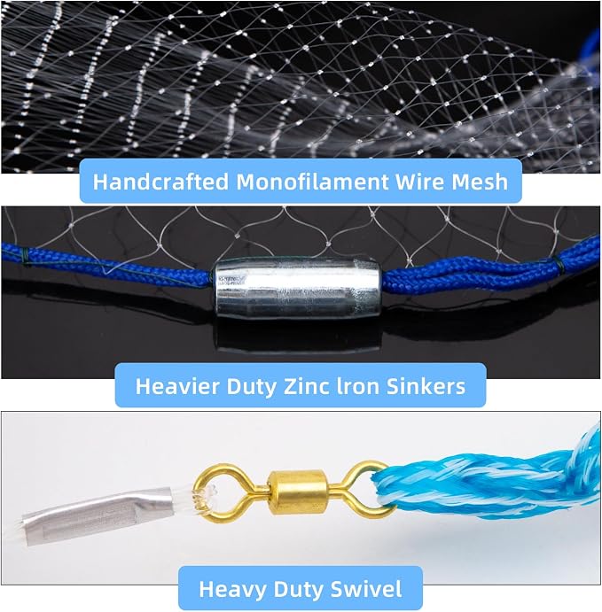 Handmade American Cast Net, BalanZze Casting Fishing Net for Bait Trap Fish, Throw Nets with Zinc Sinker Weights for Freshwater & Salt Water (3/4/5/6/8/9/10 Ft, 1/2 Inch Mesh Size)