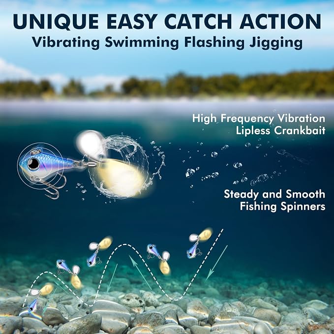 TRUSCEND Vibespinner Easy Catch Fishing Lures with BKK Hooks, Tail Spinner Baits with 4 Actions, Vibrating Swimming Flashing & Jigging for More Bites, Spoon Lures for Bass Trout Crappie Walleye Pike