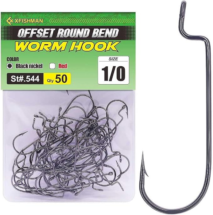 Offset-Worm-Hooks-for-Bass-Fishing-Round Bend Plastic Worms Texas Rig Hook Black Red 1/0 2/0 3/0 4/0