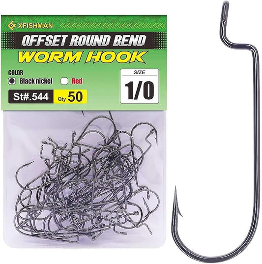 Offset-Worm-Hooks-for-Bass-Fishing-Round Bend Plastic Worms Texas Rig Hook Black Red 1/0 2/0 3/0 4/0