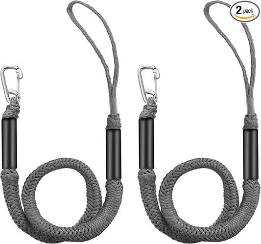Bungee Dock Line with Stainless Steel Clip – Boat Dock Rope with Foam Float for Kayak, Canoe, Pontoon, Watercraft, SeaDoo, Docking – 4–5.5 ft, 2 Pack（Grey）