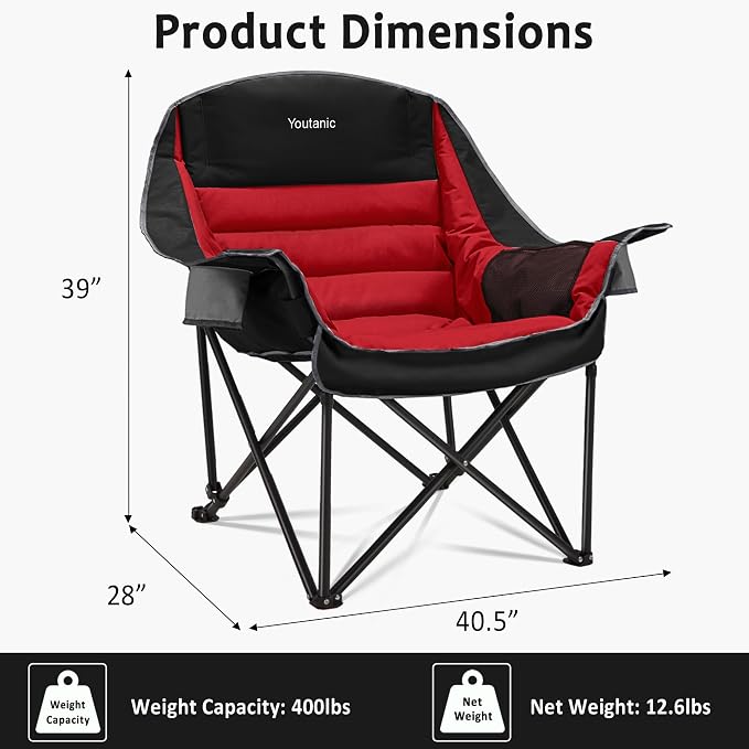 Youtanic Oversized Extra Large Padded Camping Chair, up to 400lbs, Folding Camping Chairs with Side Pocket, Carry Bag, Heavy Duty Outdoor Camp Chairs for Adults, Fishing, Sports, Trip, Red-Black