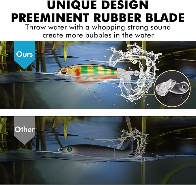 TRUSCEND Popobait Easy Catch Fishing Lures with BKK Hooks, Instant Startup, Longer Cast, Balanced Spray/Sound/Swim, Plopper Topwater Lures for Bass, Trout, Pike, Walleye, Freshwater Saltwater Fishing