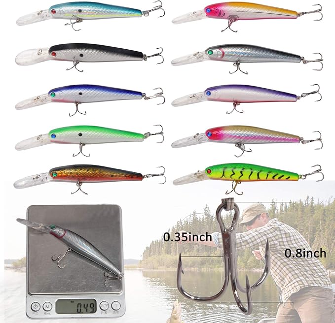 Fishing Lures Kit 10pcs Hard Bait Minnow Deep Diving Swimbait Life-Like Walleye Lures for Bass Trout Pike Freshwater Saltwater Fishing Bait