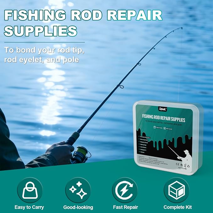 Fishing Rod Repair Supplies Kit - 40ml A&B Epoxy Glue, Wrapping Thread, Tape, and Other Accessories - Design to Bond & Hold Pole Tip, Rod Eyelet, Fishing Rod - for Men