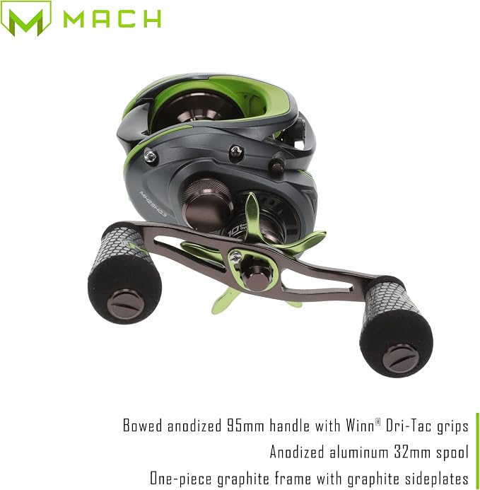 Lew's MACH 2 Baitcast Fishing Reel, 7.5:1 Gear Ratio, Graphite Frame, Premium 10 Bearing System, Black/Green