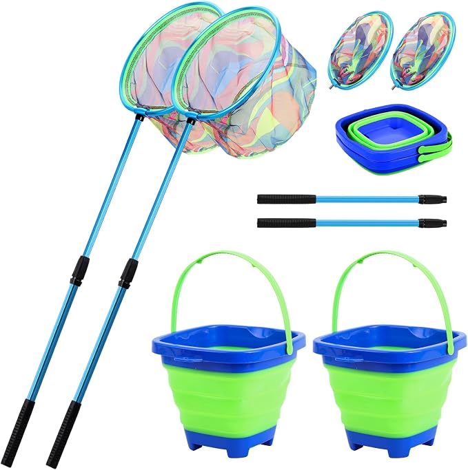 Kids Fishing Net, 2 Pack Telescopic Landing Nets with Aluminum Pole Handle, Collapsible Bucket Sand Pail, Butterfly Net, Fishing Net for Youth, Outdoor Playing