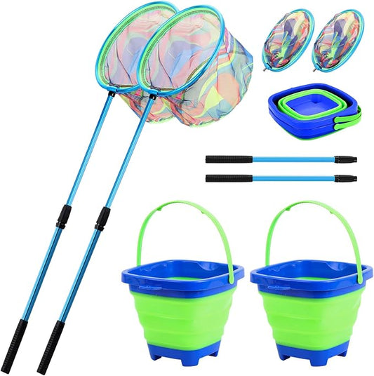 Kids Fishing Net, 2 Pack Telescopic Landing Nets with Aluminum Pole Handle, Collapsible Bucket Sand Pail, Butterfly Net, Fishing Net for Youth, Outdoor Playing